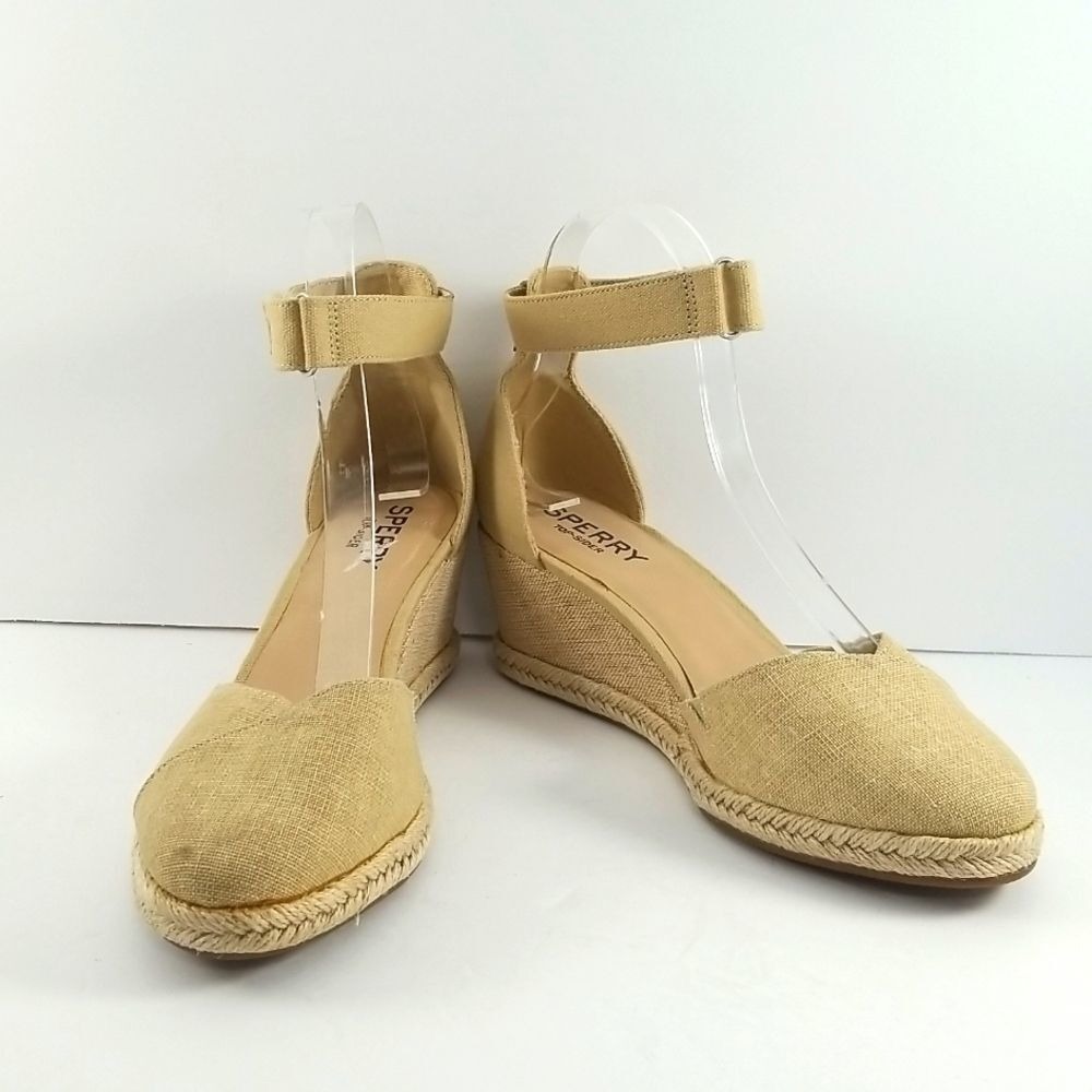 Sperry Top-Sider Tan Linen‎ Ankle Strap Espadrille Wedge Sandals Womens